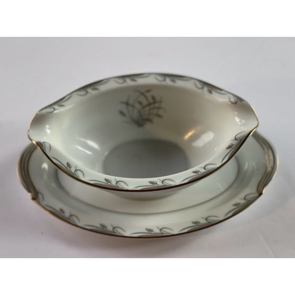 Vintage Noritake China Nicole Gravy Boat with Underplate White w/gold - Picture 2 of 5